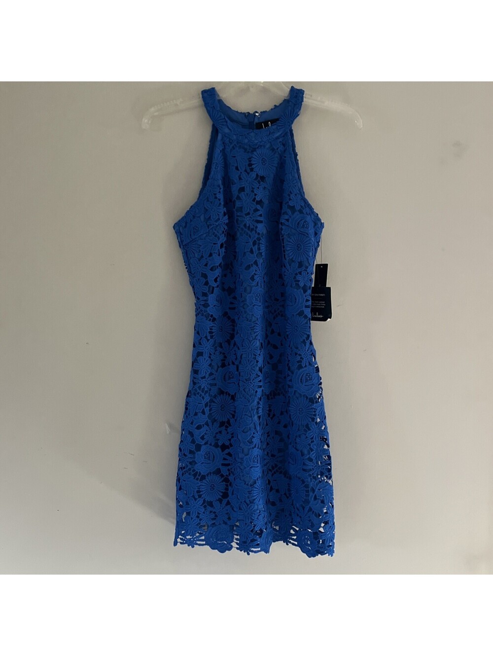New Lulus Womans Small Blue Lace crochet Floral Dress Sleeveless High Neck Zip